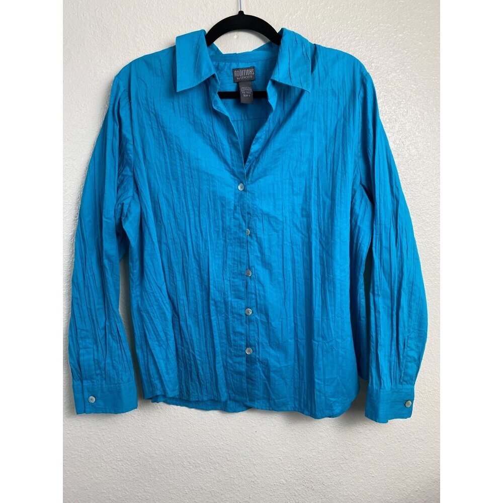 Chico's Additions Womens Crinkle Long Sleeve Button up Shirt 3 Women XL Blue